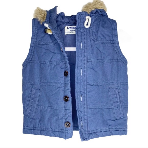 OshKosh Genuine Kids Button Down Blue Puffer Vest with Hood Size 18 months - Picture 1 of 5